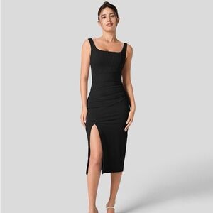 HALARA CORSET RUCHED BODYCON MIDI BLACK DRESS